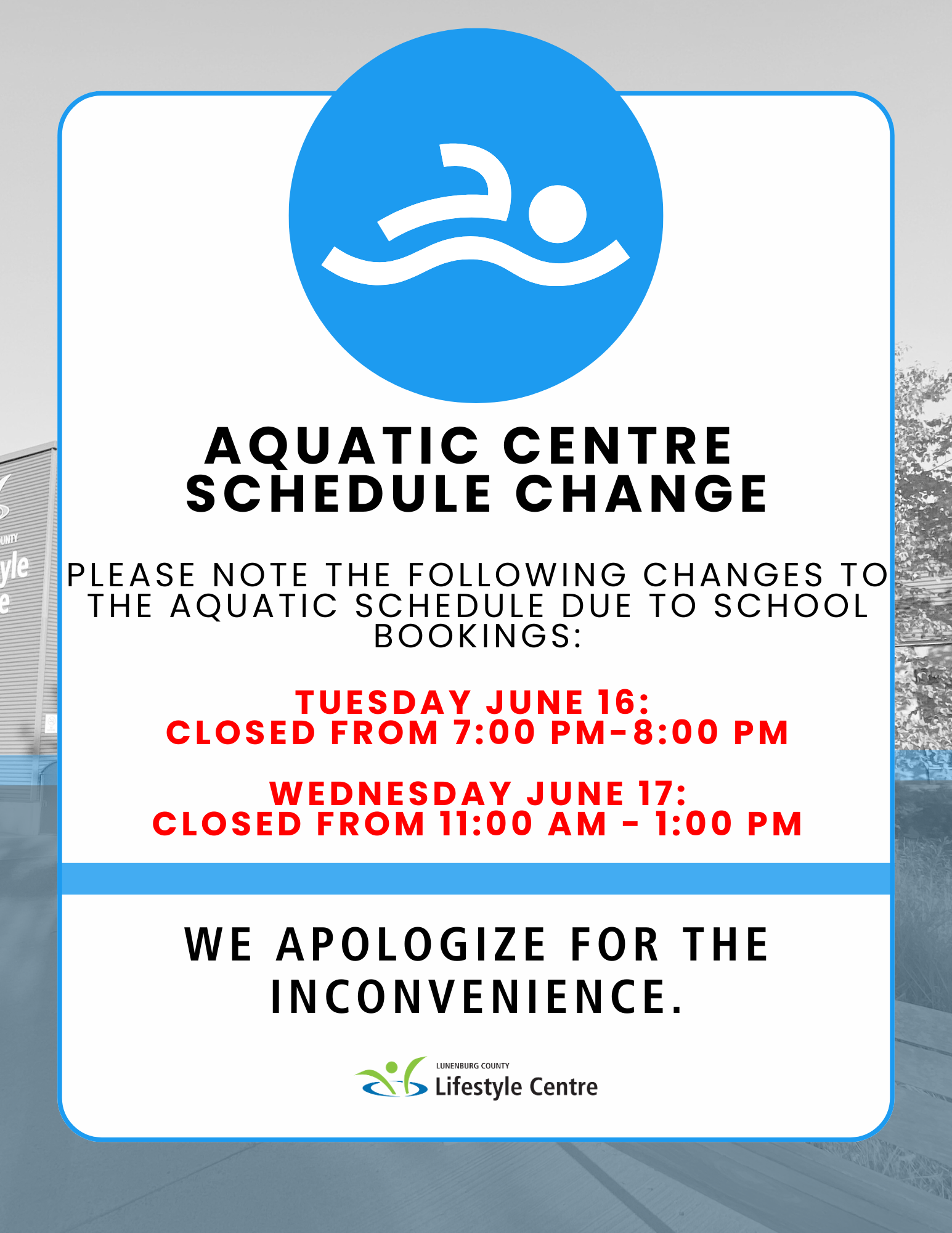 Aquatic Centre Schedule Change